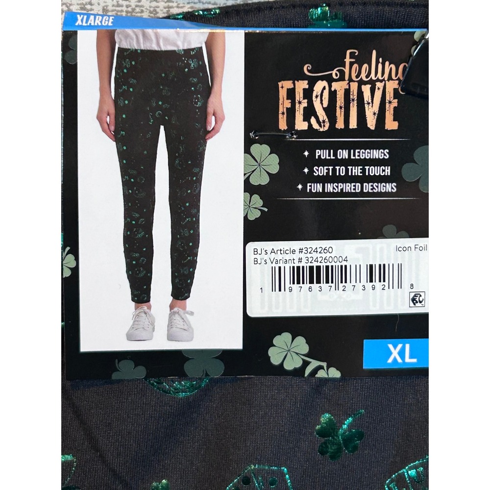NWT Feeling Festive Womens XL St Patricks Day‎ Leggings Green Lucky Charms Black
